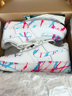 White Sneakers with Pink & Blue Paint-Splash Design